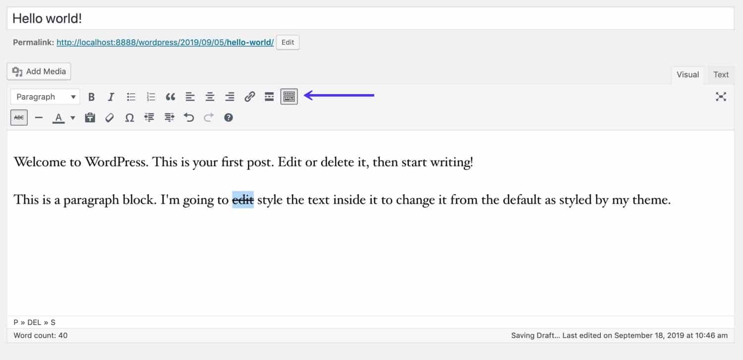 Barra degli strumenti per il Classic Editor
